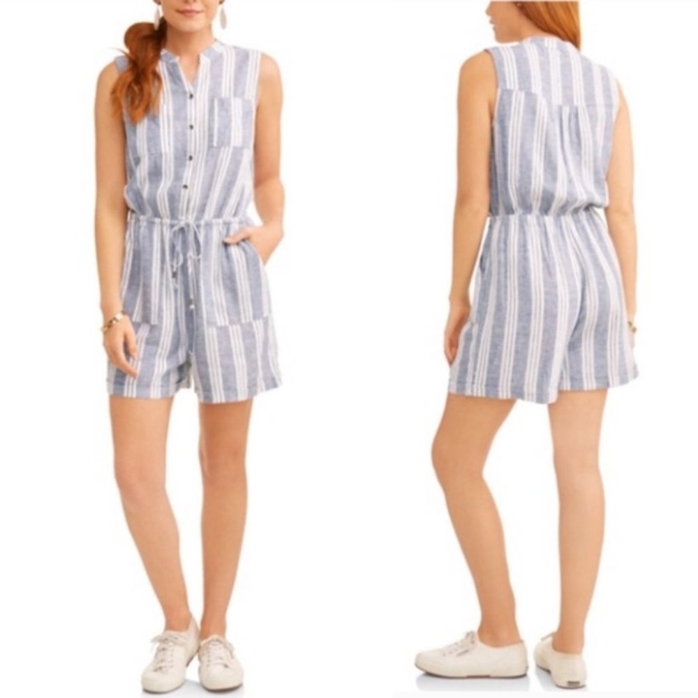 Kelly Renee Womens Linen Blend Striped Sleeveless Black/White Shorts Romper Sz S - Picture 1 of 11